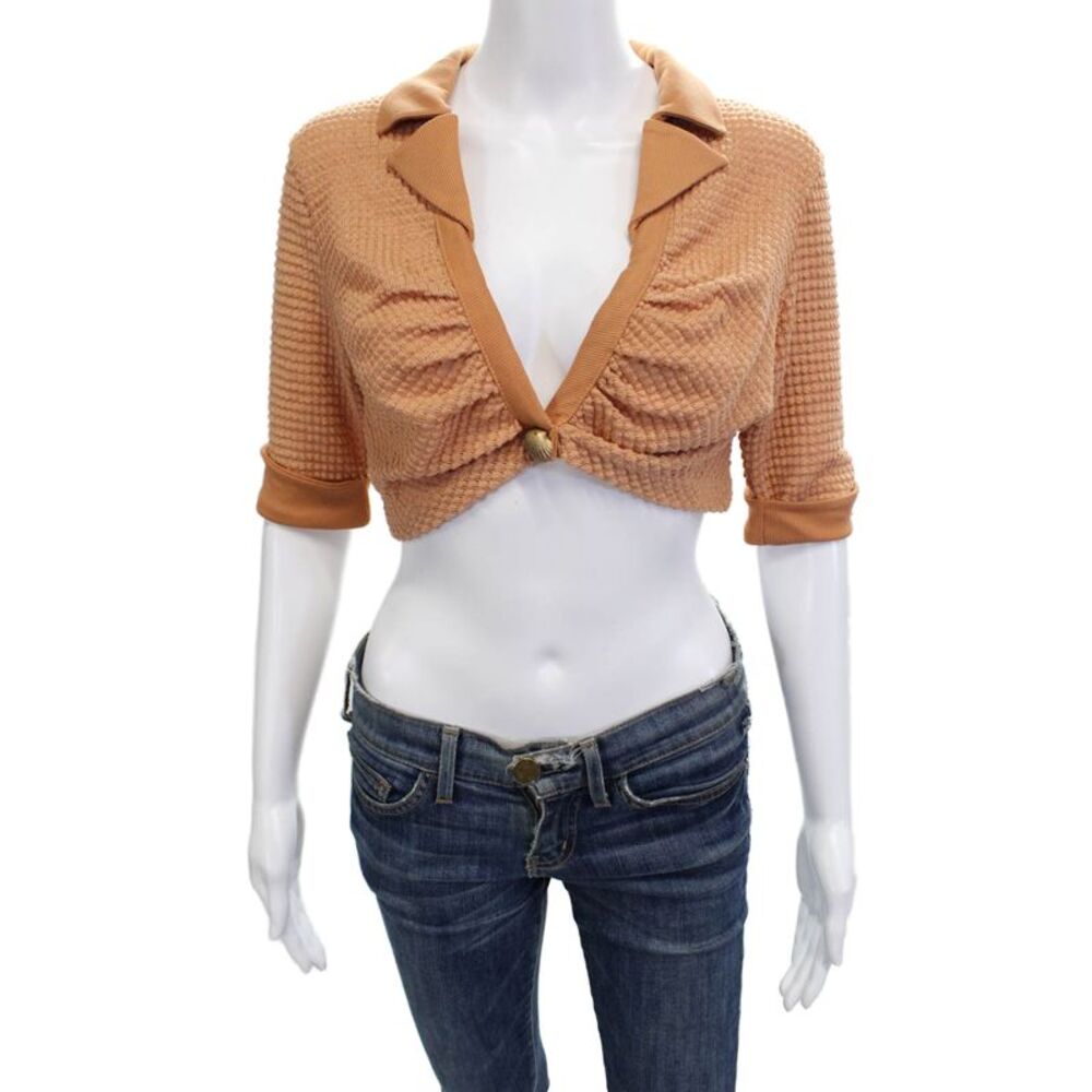 Azulu Womens Cropped Collared Button Tan Boho 3/4 Sleeve Top Size M